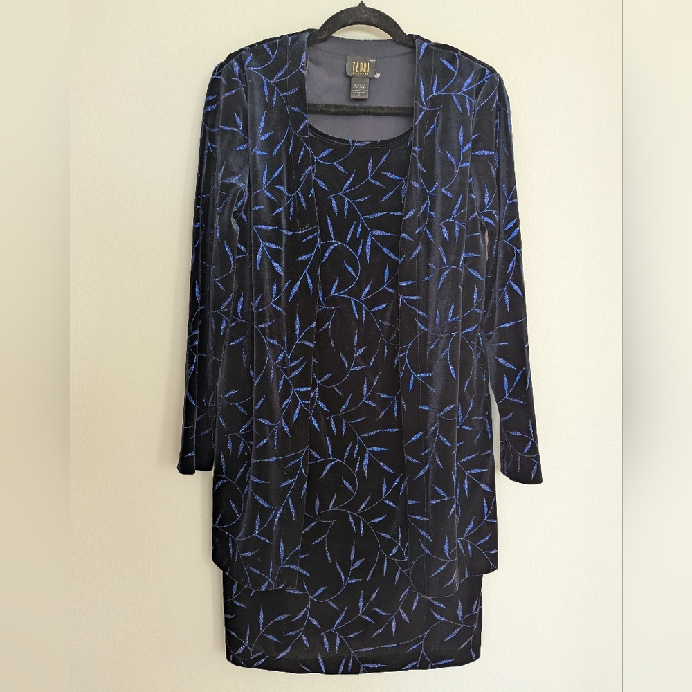 90s Whimsygoth Glittery Blue & Black Velvet Long Sleeve Dress & Cardigan Set